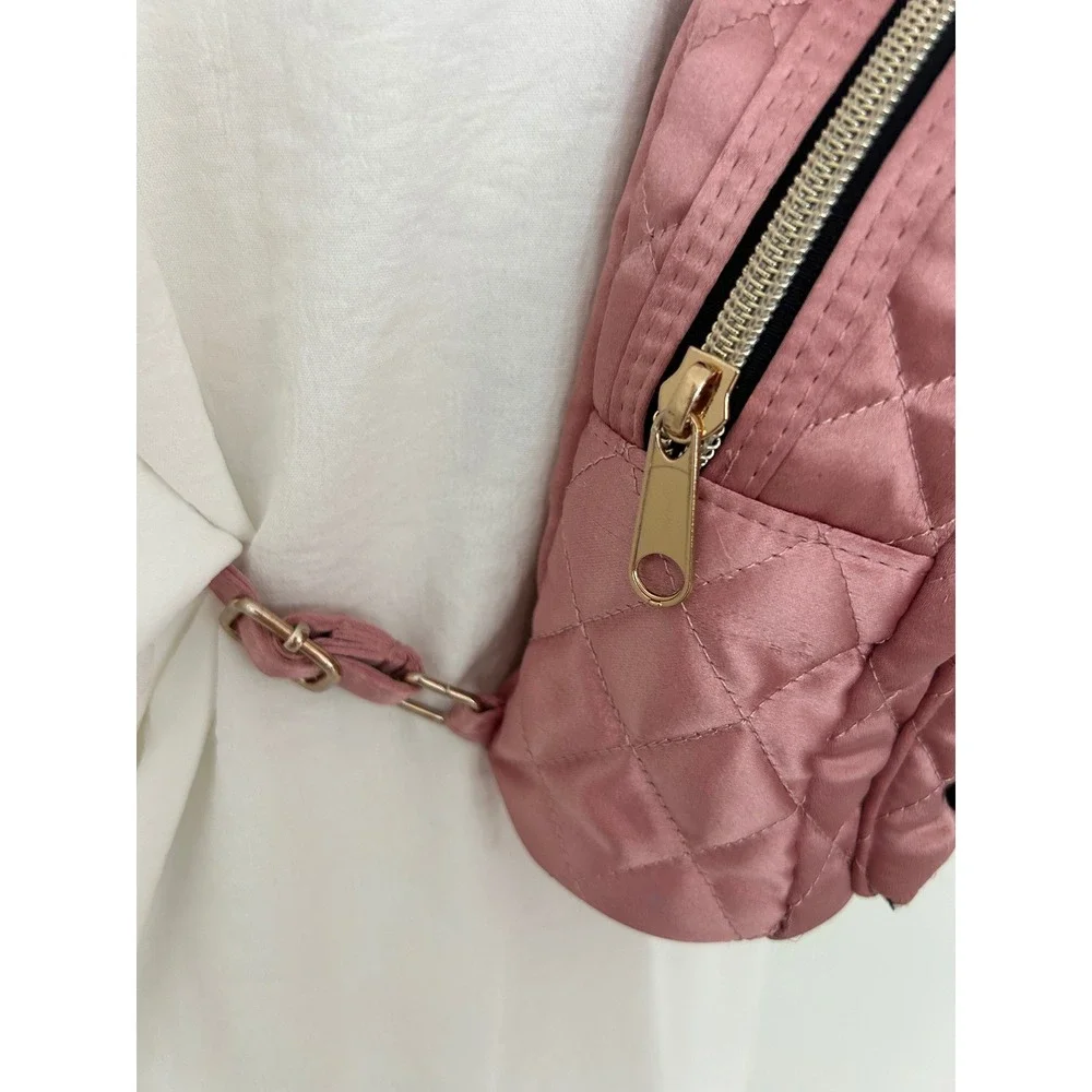 The Childrens Place Girls Pink Quilted Satin Mini Backpack Heart Patches Studs